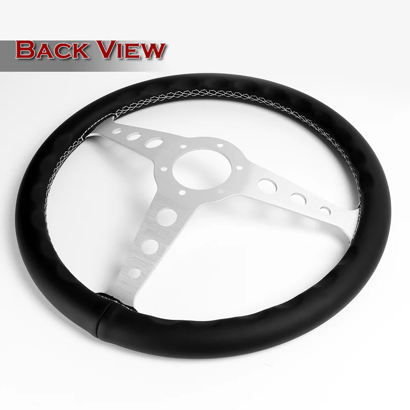 W-Power 14" 350mm 6-Bolt Hole JDM Euro VIP Style Classic Black Leather Trim Grip With Aluminum Finished 3-Spoke Steering Wheel -Black Leather Grip/Silver Center Spoke - Image 5