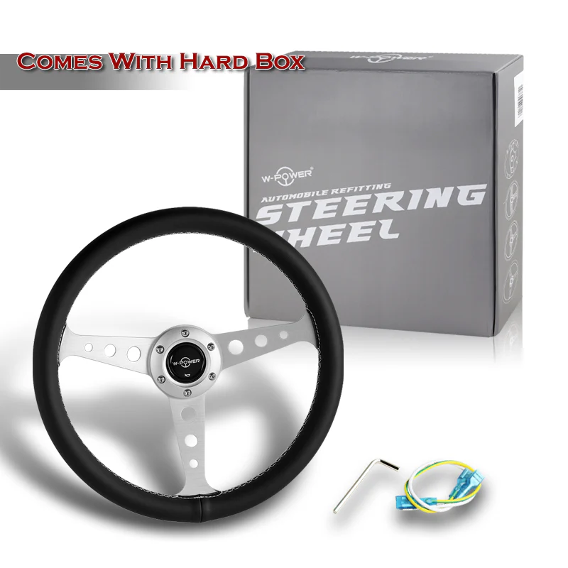 W-Power 14" 350mm 6-Bolt Hole JDM Euro VIP Style Classic Black Leather Trim Grip With Aluminum Finished 3-Spoke Steering Wheel -Black Leather Grip/Silver Center Spoke - Image 6