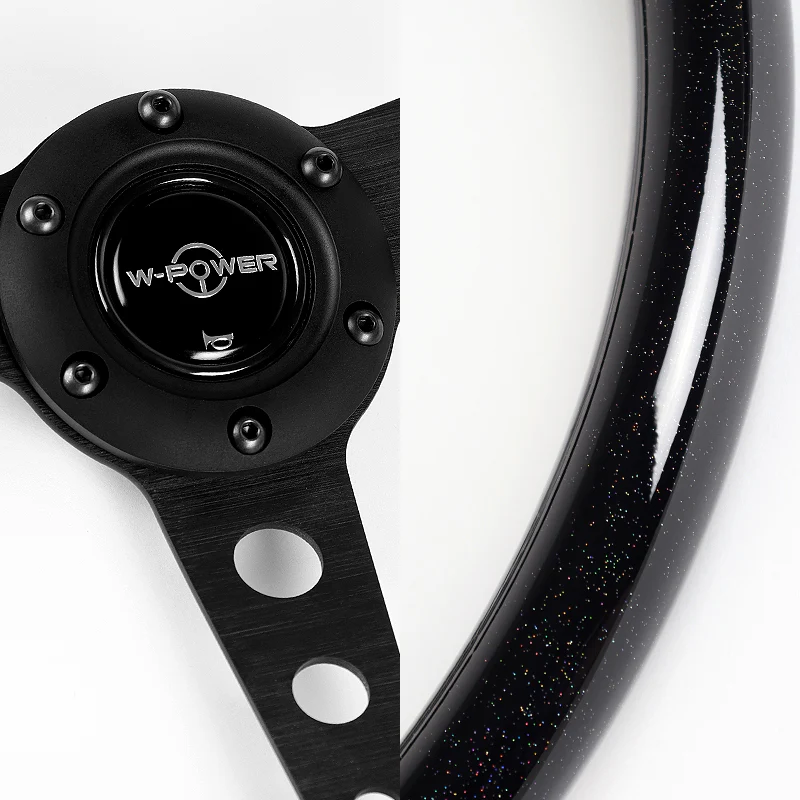 W-Power 14" 350mm 6-Bolt Hole JDM Euro VIP Style Galaxy Black Classic Wood Grain Trim Grip With Aluminum Finished 3-Spoke Steering Wheel -Black Sparkled Wood Grip/Black Center Spoke - Image 3