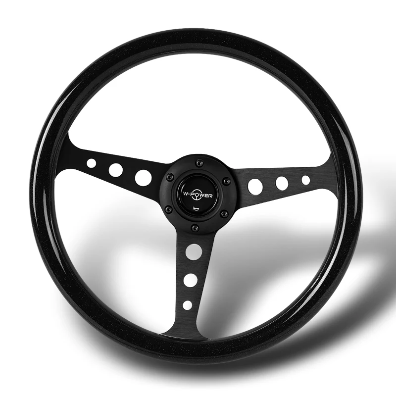 W-Power 14" 350mm 6-Bolt Hole JDM Euro VIP Style Galaxy Black Classic Wood Grain Trim Grip With Aluminum Finished 3-Spoke Steering Wheel -Black Sparkled Wood Grip/Black Center Spoke - Image 4