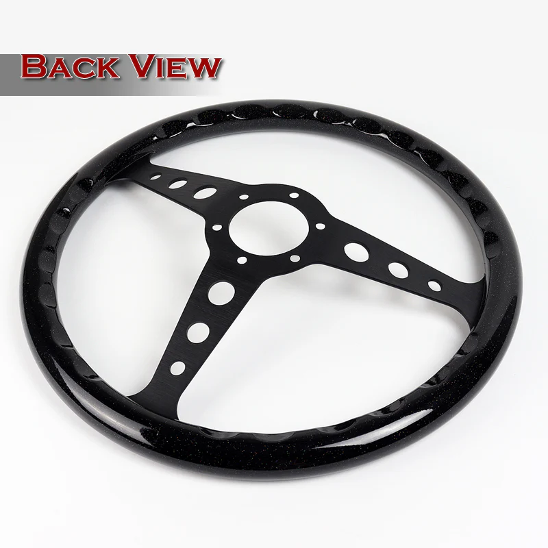 W-Power 14" 350mm 6-Bolt Hole JDM Euro VIP Style Galaxy Black Classic Wood Grain Trim Grip With Aluminum Finished 3-Spoke Steering Wheel -Black Sparkled Wood Grip/Black Center Spoke - Image 5