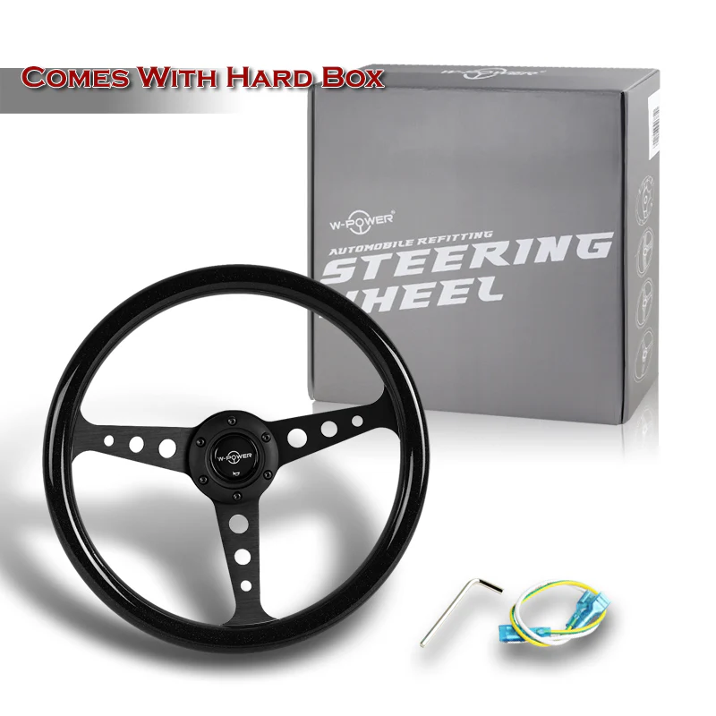 W-Power 14" 350mm 6-Bolt Hole JDM Euro VIP Style Galaxy Black Classic Wood Grain Trim Grip With Aluminum Finished 3-Spoke Steering Wheel -Black Sparkled Wood Grip/Black Center Spoke - Image 6
