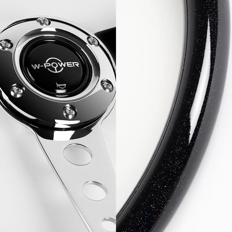 W-Power 14" 350mm 6-Bolt Hole JDM Euro VIP Style Galaxy Black Classic Wood Grain Trim Grip With Aluminum Finished 3-Spoke Steering Wheel -Black Sparkled Wood Grip/Chrome Center Spoke - Image 3