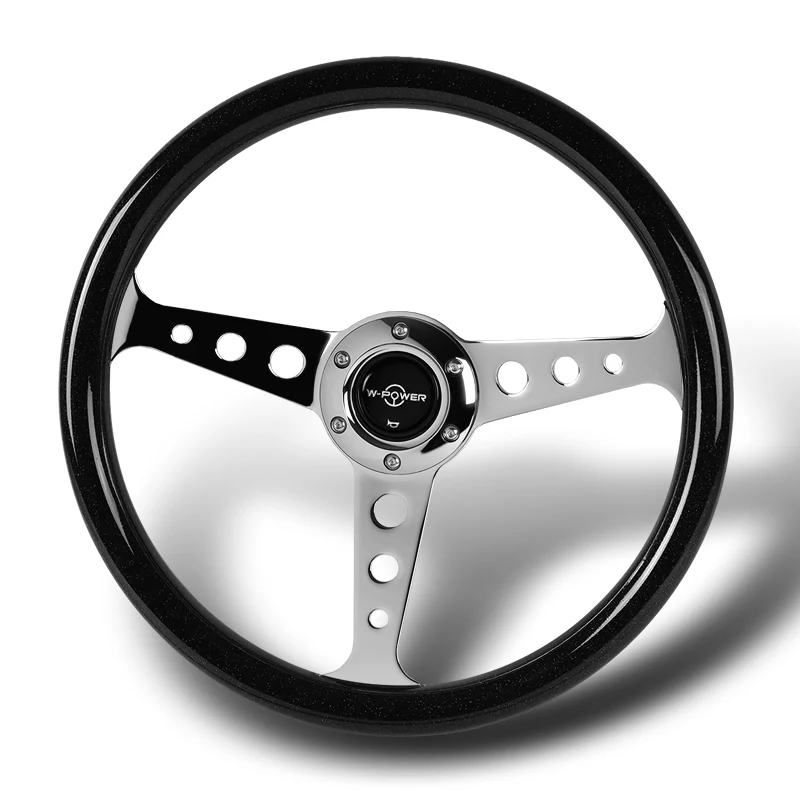 W-Power 14" 350mm 6-Bolt Hole JDM Euro VIP Style Galaxy Black Classic Wood Grain Trim Grip With Aluminum Finished 3-Spoke Steering Wheel -Black Sparkled Wood Grip/Chrome Center Spoke - Image 4