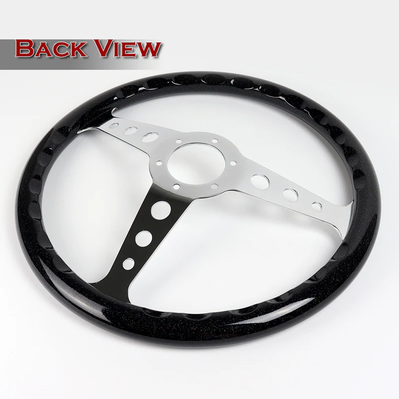 W-Power 14" 350mm 6-Bolt Hole JDM Euro VIP Style Galaxy Black Classic Wood Grain Trim Grip With Aluminum Finished 3-Spoke Steering Wheel -Black Sparkled Wood Grip/Chrome Center Spoke - Image 5