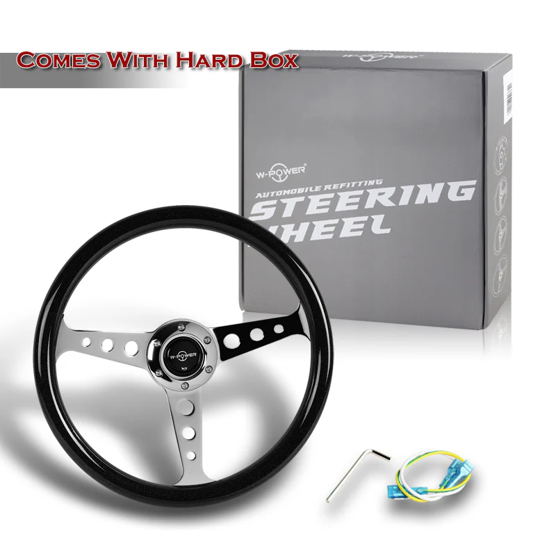 W-Power 14" 350mm 6-Bolt Hole JDM Euro VIP Style Galaxy Black Classic Wood Grain Trim Grip With Aluminum Finished 3-Spoke Steering Wheel -Black Sparkled Wood Grip/Chrome Center Spoke - Image 6