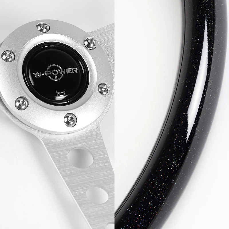 W-Power 14" 350mm 6-Bolt Hole JDM Euro VIP Style Galaxy Black Classic Wood Grain Trim Grip With Aluminum Finished 3-Spoke Steering Wheel -Black Sparkled Wood Grip/Silver Center Spoke - Image 3