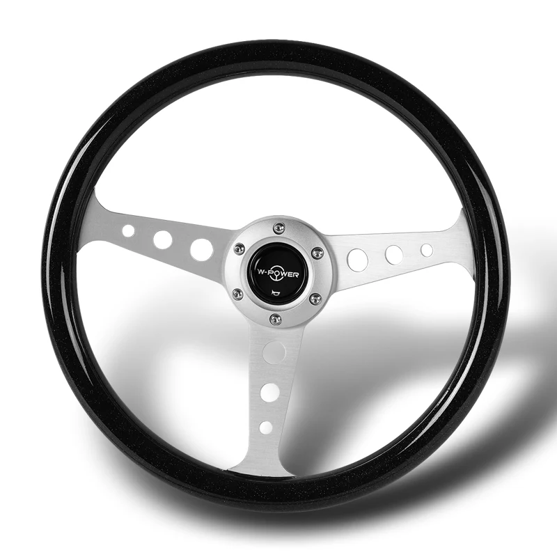 W-Power 14" 350mm 6-Bolt Hole JDM Euro VIP Style Galaxy Black Classic Wood Grain Trim Grip With Aluminum Finished 3-Spoke Steering Wheel -Black Sparkled Wood Grip/Silver Center Spoke - Image 4