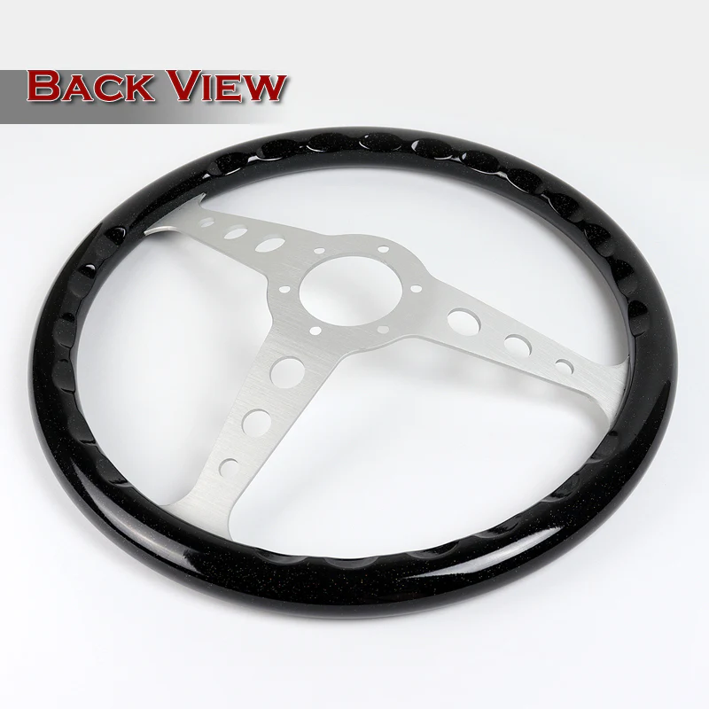 W-Power 14" 350mm 6-Bolt Hole JDM Euro VIP Style Galaxy Black Classic Wood Grain Trim Grip With Aluminum Finished 3-Spoke Steering Wheel -Black Sparkled Wood Grip/Silver Center Spoke - Image 5
