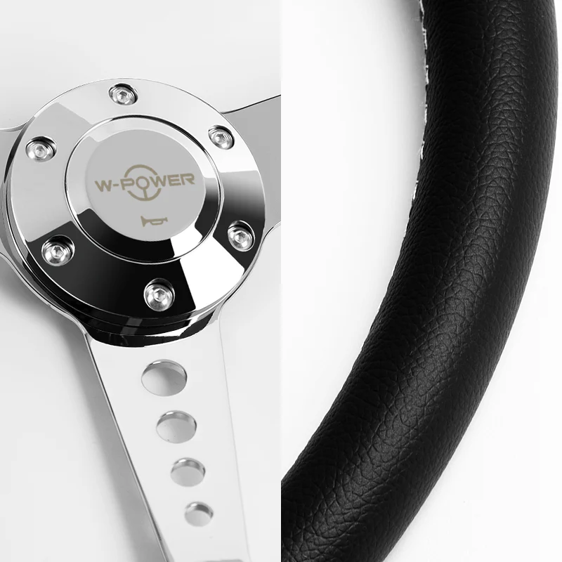 W-Power 14" 350mm 6-Bolt Hole JDM Euro VIP Style Galaxy Black Leather White Stitch Grip With Aluminum Finished Chrome Horn Button 3-Spoke Steering Wheel - Image 3