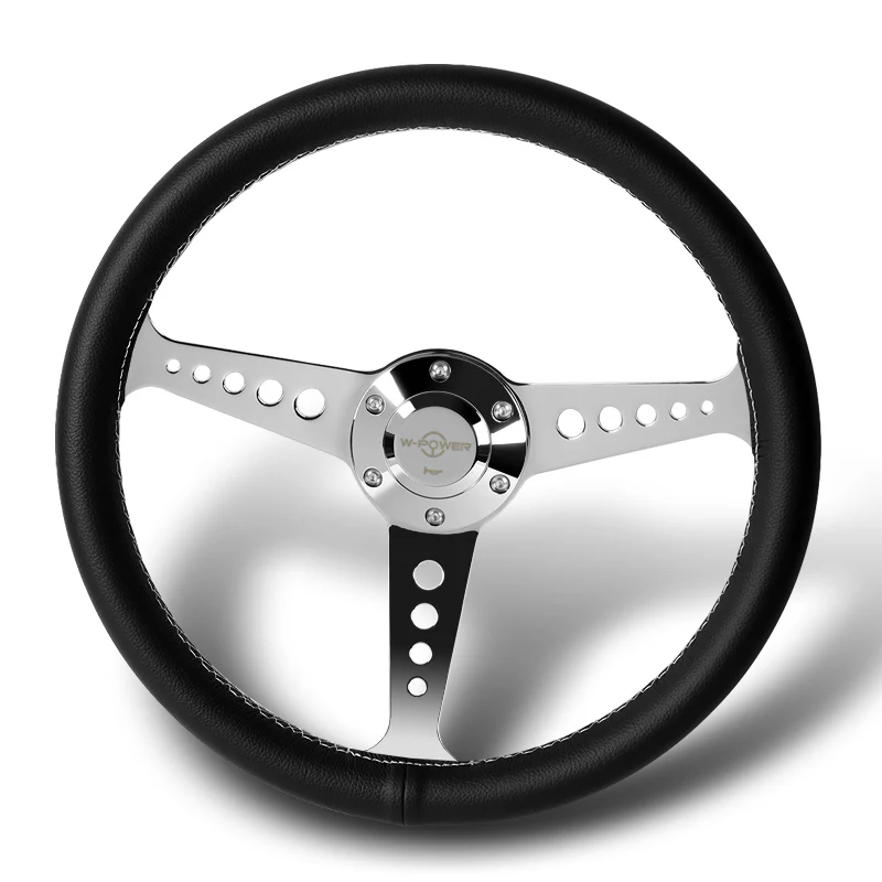 W-Power 14" 350mm 6-Bolt Hole JDM Euro VIP Style Galaxy Black Leather White Stitch Grip With Aluminum Finished Chrome Horn Button 3-Spoke Steering Wheel - Image 4