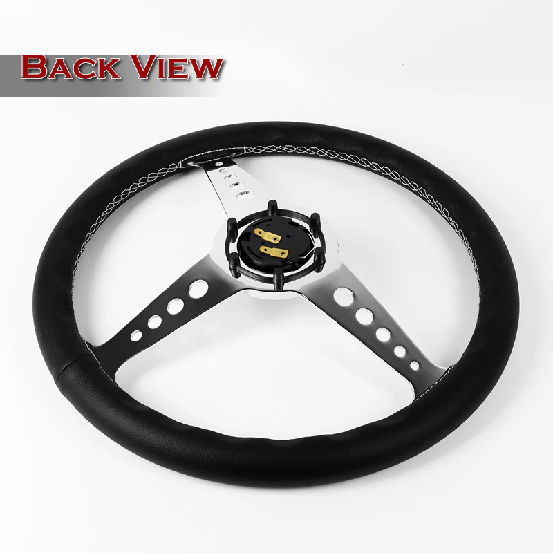 W-Power 14" 350mm 6-Bolt Hole JDM Euro VIP Style Galaxy Black Leather White Stitch Grip With Aluminum Finished Chrome Horn Button 3-Spoke Steering Wheel - Image 5