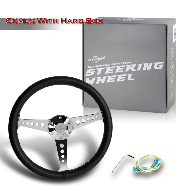 W-Power 14" 350mm 6-Bolt Hole JDM Euro VIP Style Galaxy Black Leather White Stitch Grip With Aluminum Finished Chrome Horn Button 3-Spoke Steering Wheel - Image 6