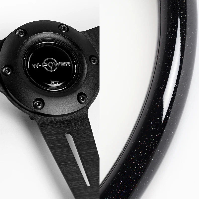W-Power 14" 350mm 6-Bolt Hole JDM Euro VIP Style Galaxy Black Wood Grain Trim Grip With Aluminum Finished 3-Spoke Steering Wheel -Black Sparkled Wood Grip/Black Center Spoke - Image 3