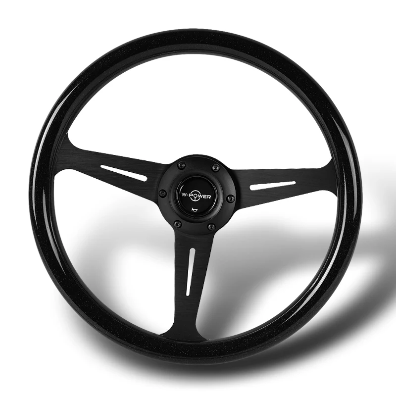 W-Power 14" 350mm 6-Bolt Hole JDM Euro VIP Style Galaxy Black Wood Grain Trim Grip With Aluminum Finished 3-Spoke Steering Wheel -Black Sparkled Wood Grip/Black Center Spoke - Image 4