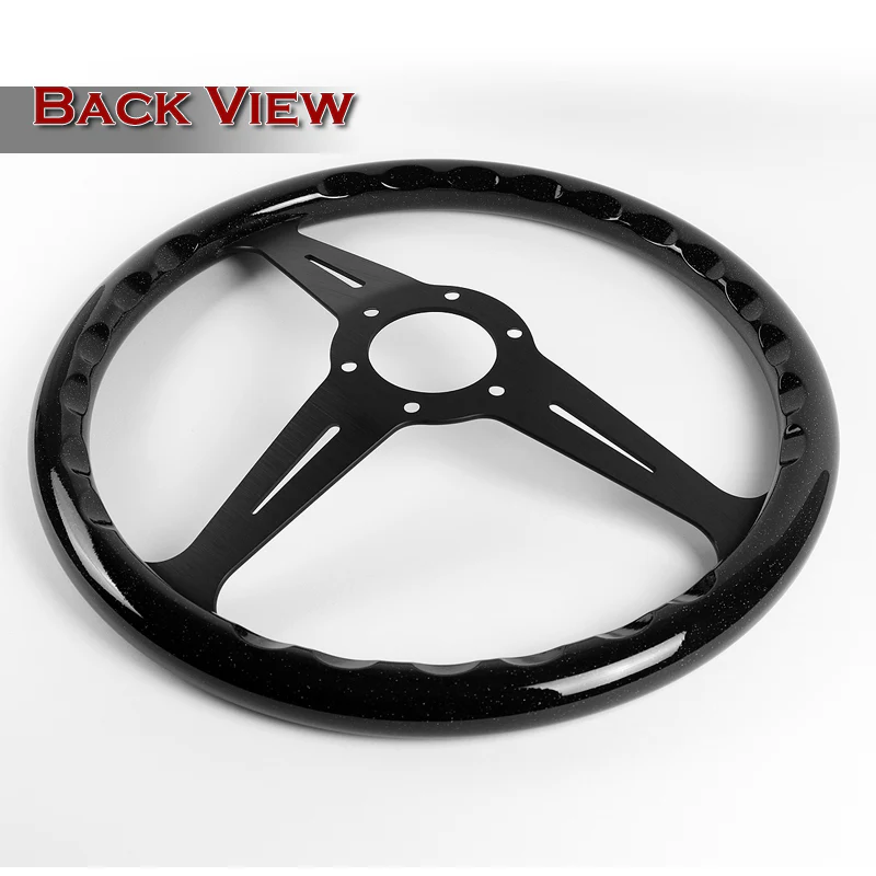 W-Power 14" 350mm 6-Bolt Hole JDM Euro VIP Style Galaxy Black Wood Grain Trim Grip With Aluminum Finished 3-Spoke Steering Wheel -Black Sparkled Wood Grip/Black Center Spoke - Image 5