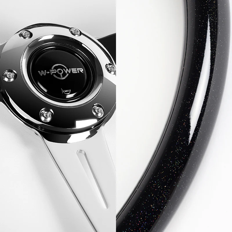 W-Power 14" 350mm 6-Bolt Hole JDM Euro VIP Style Galaxy Black Wood Grain Trim Grip With Aluminum Finished 3-Spoke Steering Wheel -Black Sparkled Wood Grip/Chrome Center Spoke - Image 3