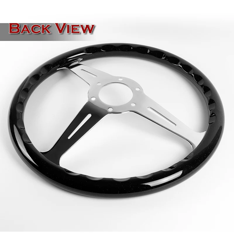 W-Power 14" 350mm 6-Bolt Hole JDM Euro VIP Style Galaxy Black Wood Grain Trim Grip With Aluminum Finished 3-Spoke Steering Wheel -Black Sparkled Wood Grip/Chrome Center Spoke - Image 5