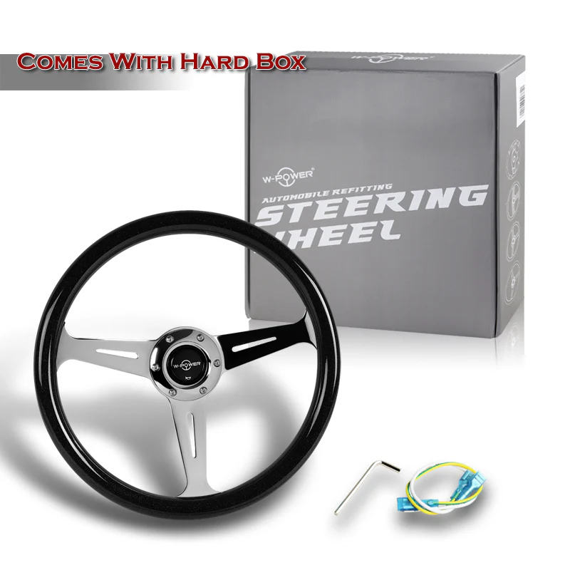 W-Power 14" 350mm 6-Bolt Hole JDM Euro VIP Style Galaxy Black Wood Grain Trim Grip With Aluminum Finished 3-Spoke Steering Wheel -Black Sparkled Wood Grip/Chrome Center Spoke - Image 6