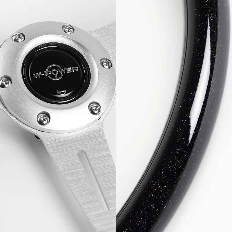 W-Power 14" 350mm 6-Bolt Hole JDM Euro VIP Style Galaxy Black Wood Grain Trim Grip With Aluminum Finished 3-Spoke Steering Wheel -Black Sparkled Wood Grip/Silver Center Spoke - Image 3