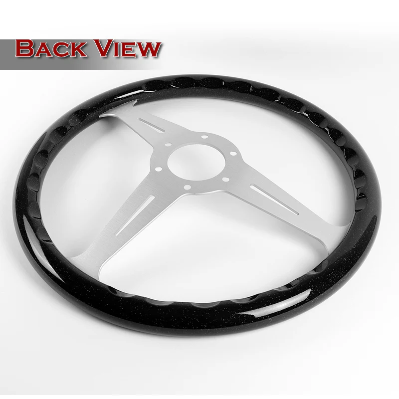 W-Power 14" 350mm 6-Bolt Hole JDM Euro VIP Style Galaxy Black Wood Grain Trim Grip With Aluminum Finished 3-Spoke Steering Wheel -Black Sparkled Wood Grip/Silver Center Spoke - Image 5