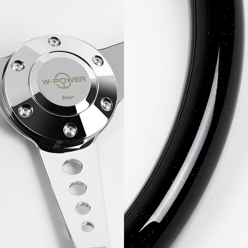 W-Power 14" 350mm 6-Bolt Hole JDM Euro VIP Style Galaxy Black Wood Grain Trim Grip With Aluminum Finished Chrome Horn Button 3-Spoke Steering Wheel - Image 3