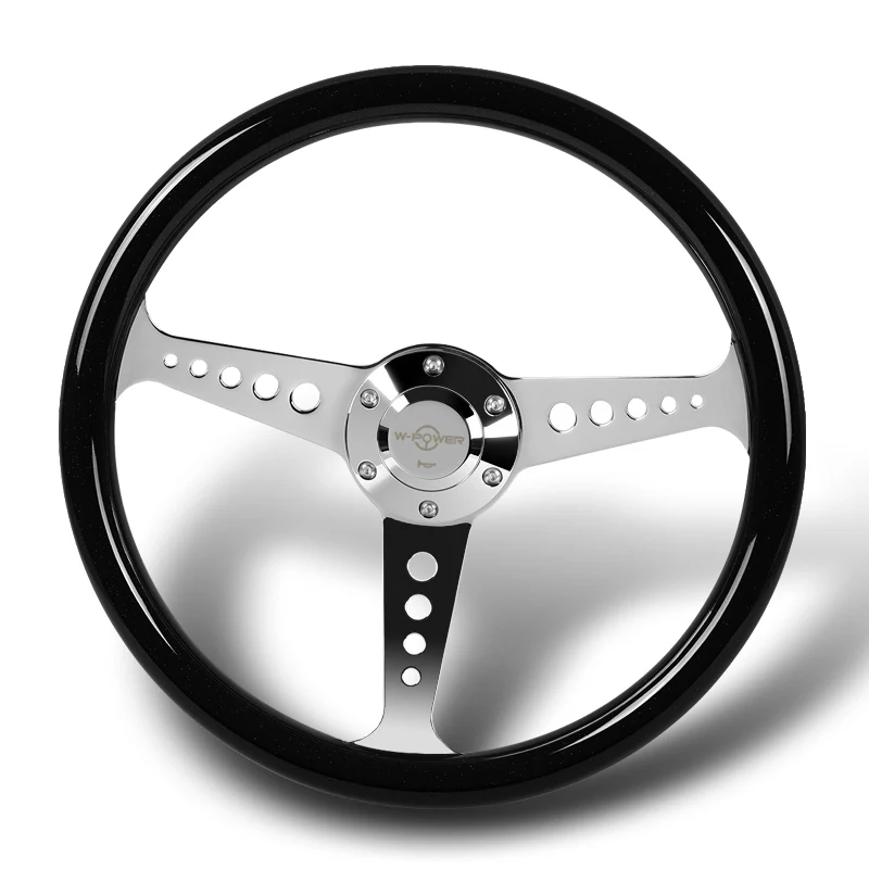 W-Power 14" 350mm 6-Bolt Hole JDM Euro VIP Style Galaxy Black Wood Grain Trim Grip With Aluminum Finished Chrome Horn Button 3-Spoke Steering Wheel - Image 4