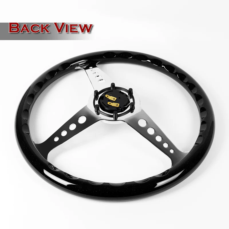 W-Power 14" 350mm 6-Bolt Hole JDM Euro VIP Style Galaxy Black Wood Grain Trim Grip With Aluminum Finished Chrome Horn Button 3-Spoke Steering Wheel - Image 5
