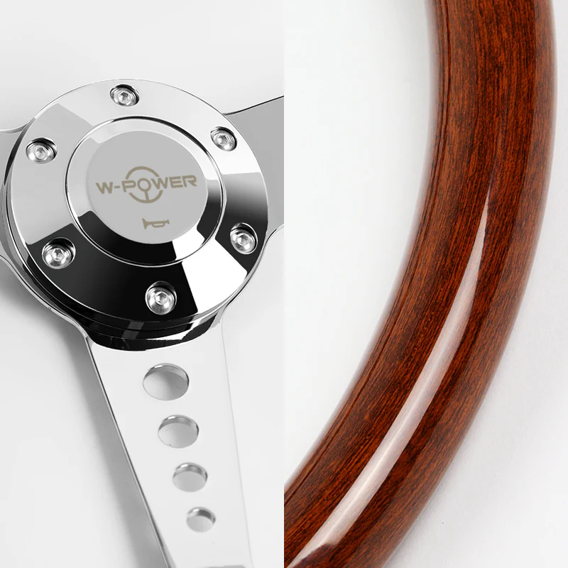 W-Power 14" 350mm 6-Bolt Hole JDM Euro VIP Style Galaxy Brown Wood Grain Trim Grip With Aluminum Finished Chrome Horn Button 3-Spoke Steering Wheel - Image 3