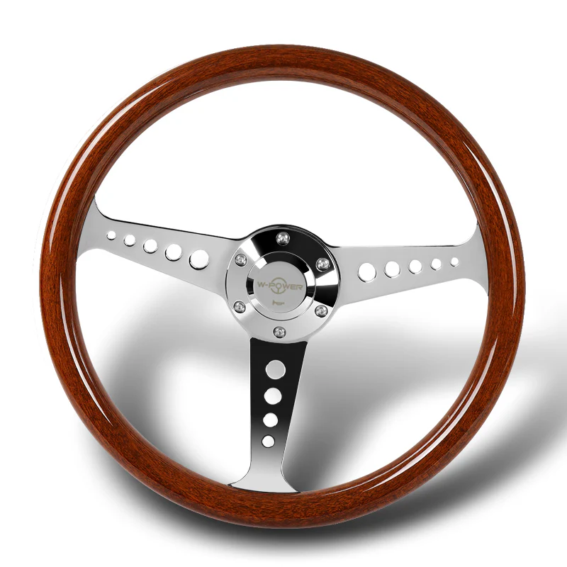 W-Power 14" 350mm 6-Bolt Hole JDM Euro VIP Style Galaxy Brown Wood Grain Trim Grip With Aluminum Finished Chrome Horn Button 3-Spoke Steering Wheel - Image 4