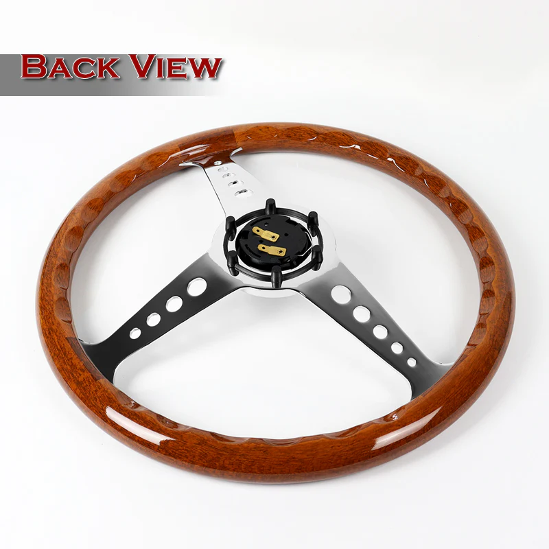 W-Power 14" 350mm 6-Bolt Hole JDM Euro VIP Style Galaxy Brown Wood Grain Trim Grip With Aluminum Finished Chrome Horn Button 3-Spoke Steering Wheel - Image 5