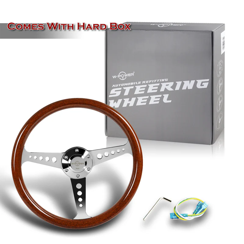 W-Power 14" 350mm 6-Bolt Hole JDM Euro VIP Style Galaxy Brown Wood Grain Trim Grip With Aluminum Finished Chrome Horn Button 3-Spoke Steering Wheel - Image 6
