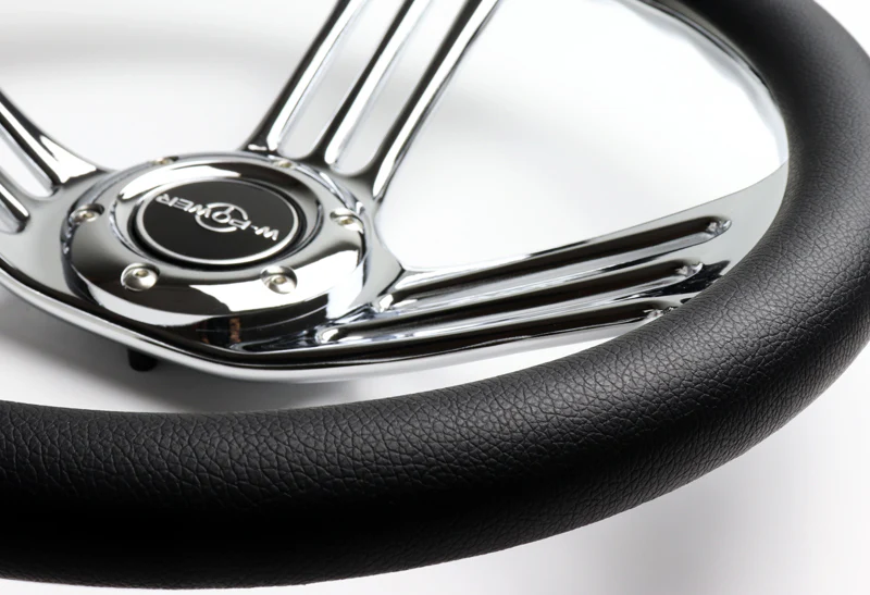 W-Power 14" 350mm 6-Bolt Hole Vintage Style Black Leather Grip With Aluminum Finished 3-Spoke 3 Inches Deep Dish Steering Wheel -Chrome Center Spoke - Image 2