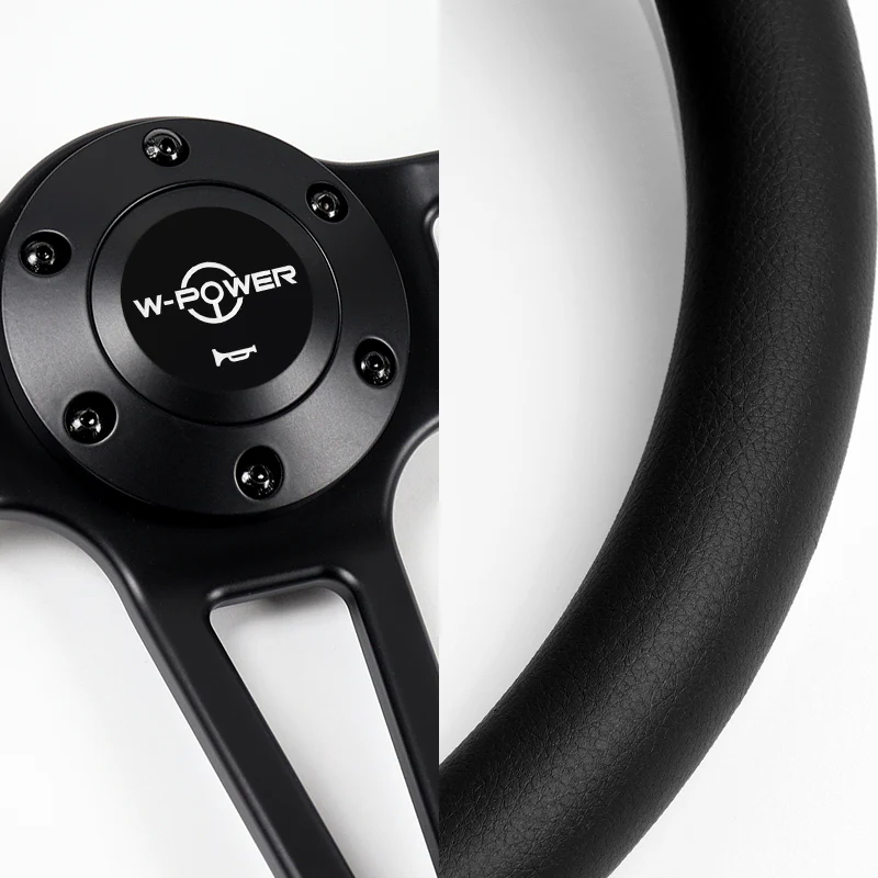 W-Power 14" 350mm 6-Bolt Hole Vintage Style Black Leather Grip With Aluminum Finished 3-Spoke Steering Wheel -Black Center Spoke - Image 3