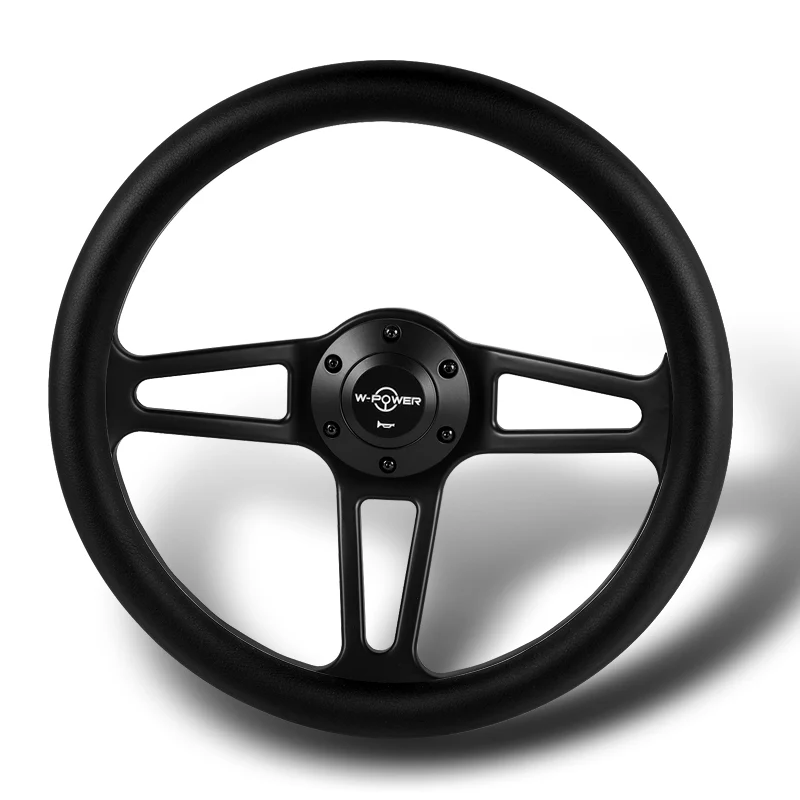 W-Power 14" 350mm 6-Bolt Hole Vintage Style Black Leather Grip With Aluminum Finished 3-Spoke Steering Wheel -Black Center Spoke - Image 4