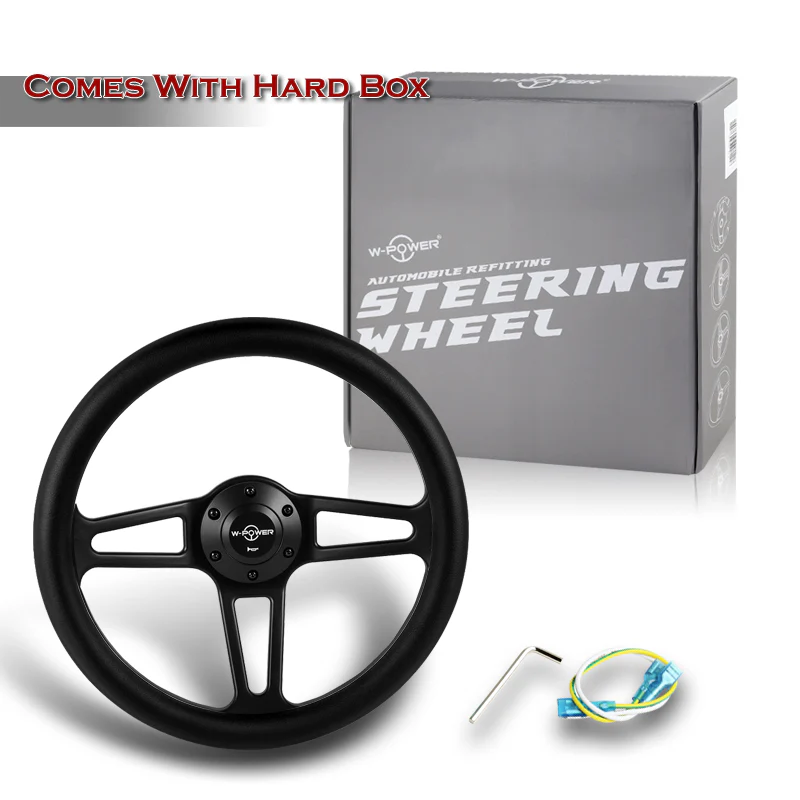 W-Power 14" 350mm 6-Bolt Hole Vintage Style Black Leather Grip With Aluminum Finished 3-Spoke Steering Wheel -Black Center Spoke - Image 6