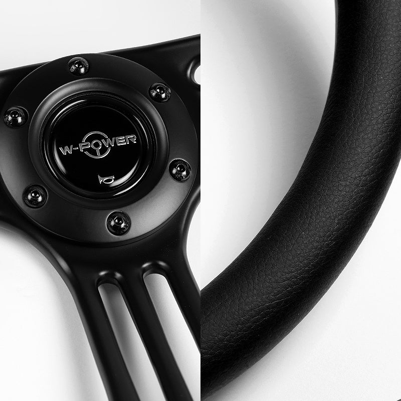 W-Power 14" 350mm 6-Bolt Hole Vintage Style Black Leather Grip With Aluminum Finished 3-Spoke 3 Inches Deep Dish Steering Wheel -Black Center Spoke - Image 3