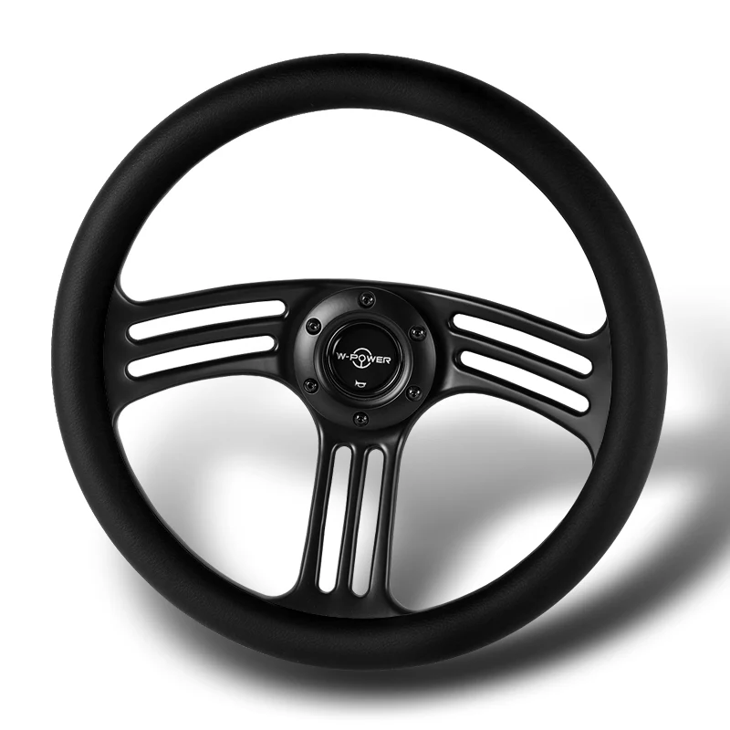 W-Power 14" 350mm 6-Bolt Hole Vintage Style Black Leather Grip With Aluminum Finished 3-Spoke 3 Inches Deep Dish Steering Wheel -Black Center Spoke - Image 4