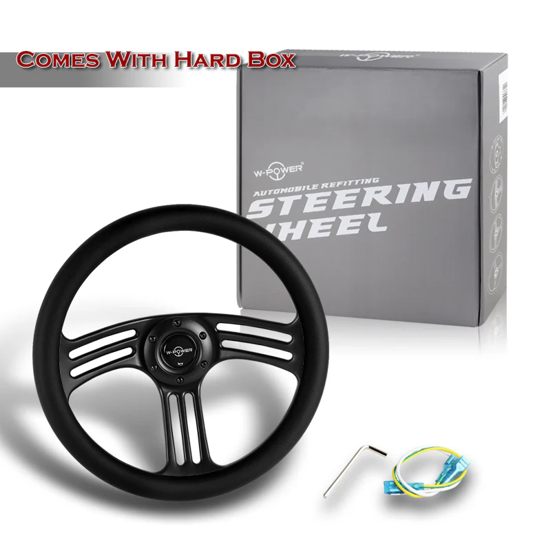 W-Power 14" 350mm 6-Bolt Hole Vintage Style Black Leather Grip With Aluminum Finished 3-Spoke 3 Inches Deep Dish Steering Wheel -Black Center Spoke - Image 6