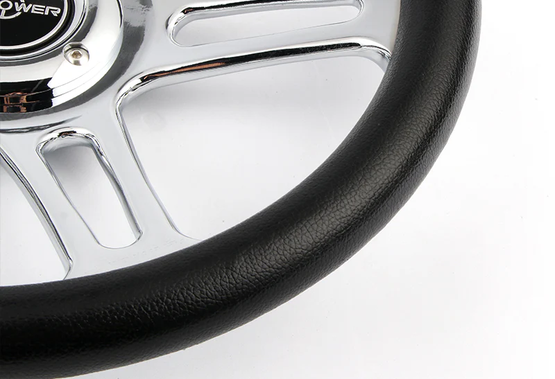 W-Power 14" 350mm 6-Bolt Hole Vintage Style Black Leather Grip With Aluminum Finished 3-Spoke Steering Wheel -Chrome Center Spoke - Image 2