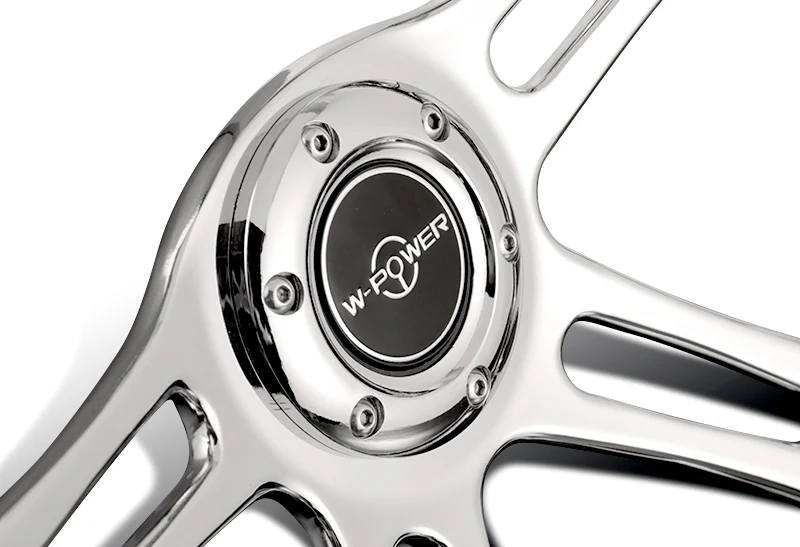 W-Power 14" 350mm 6-Bolt Hole Vintage Style Black Leather Grip With Aluminum Finished 3-Spoke Steering Wheel -Chrome Center Spoke - Image 3