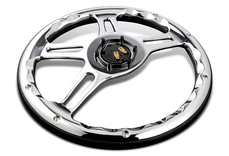 W-Power 14" 350mm 6-Bolt Hole Vintage Style Black Leather Grip With Aluminum Finished 3-Spoke Steering Wheel -Chrome Center Spoke - Image 4