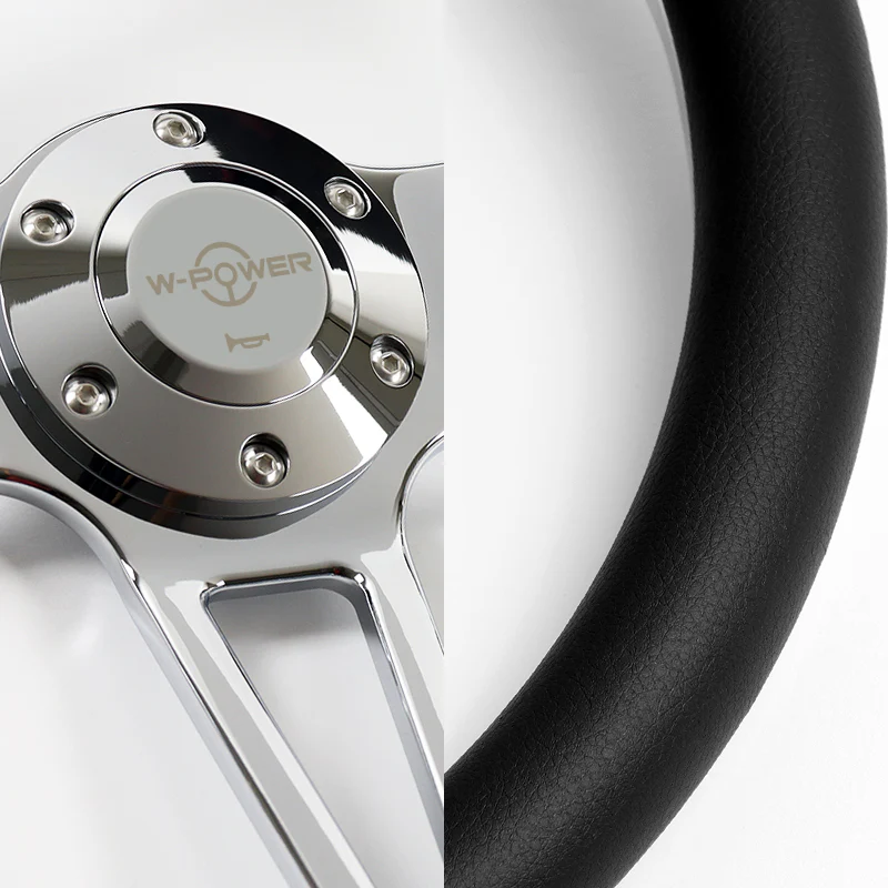 W-Power 14" 350mm 6-Bolt Hole Vintage Style Black Leather Grip With Aluminum Finished 3-Spoke Steering Wheel -Chrome Center Spoke - Image 3