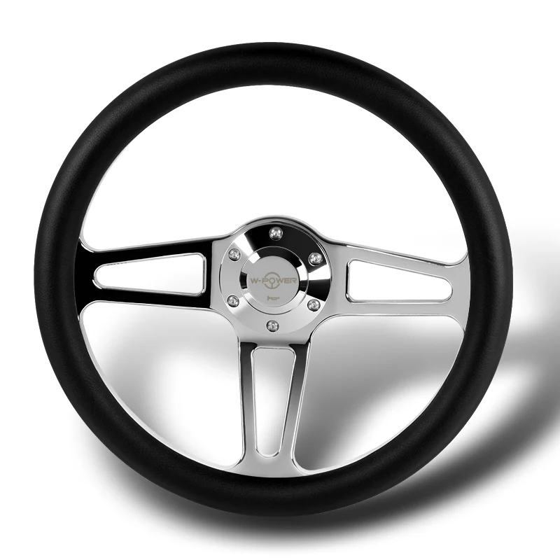 W-Power 14" 350mm 6-Bolt Hole Vintage Style Black Leather Grip With Aluminum Finished 3-Spoke Steering Wheel -Chrome Center Spoke - Image 4