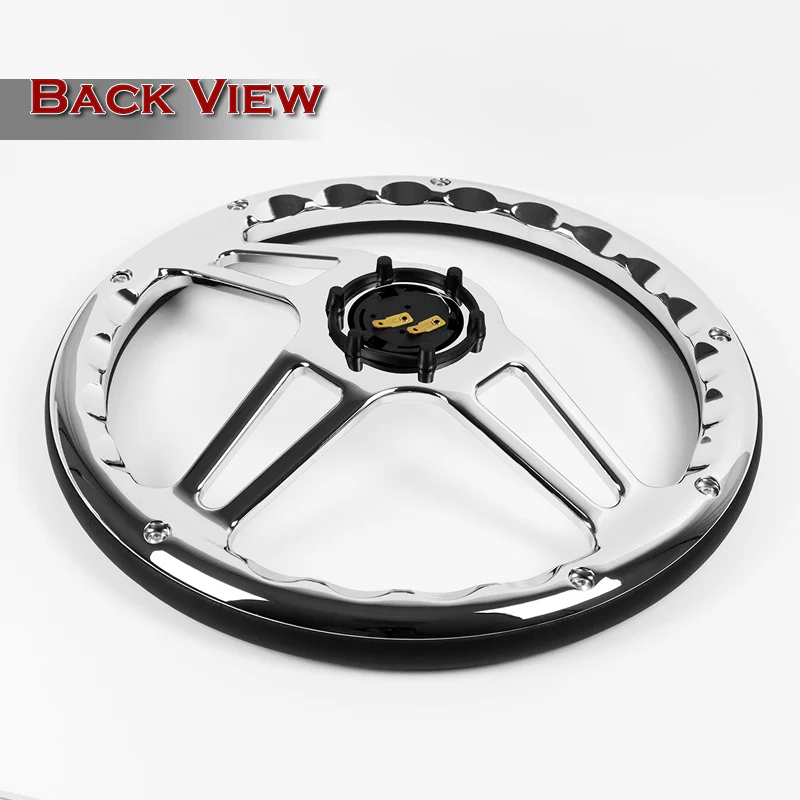 W-Power 14" 350mm 6-Bolt Hole Vintage Style Black Leather Grip With Aluminum Finished 3-Spoke Steering Wheel -Chrome Center Spoke - Image 5