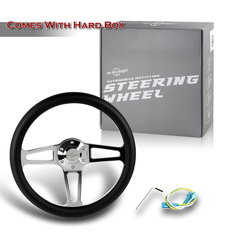 W-Power 14" 350mm 6-Bolt Hole Vintage Style Black Leather Grip With Aluminum Finished 3-Spoke Steering Wheel -Chrome Center Spoke - Image 6