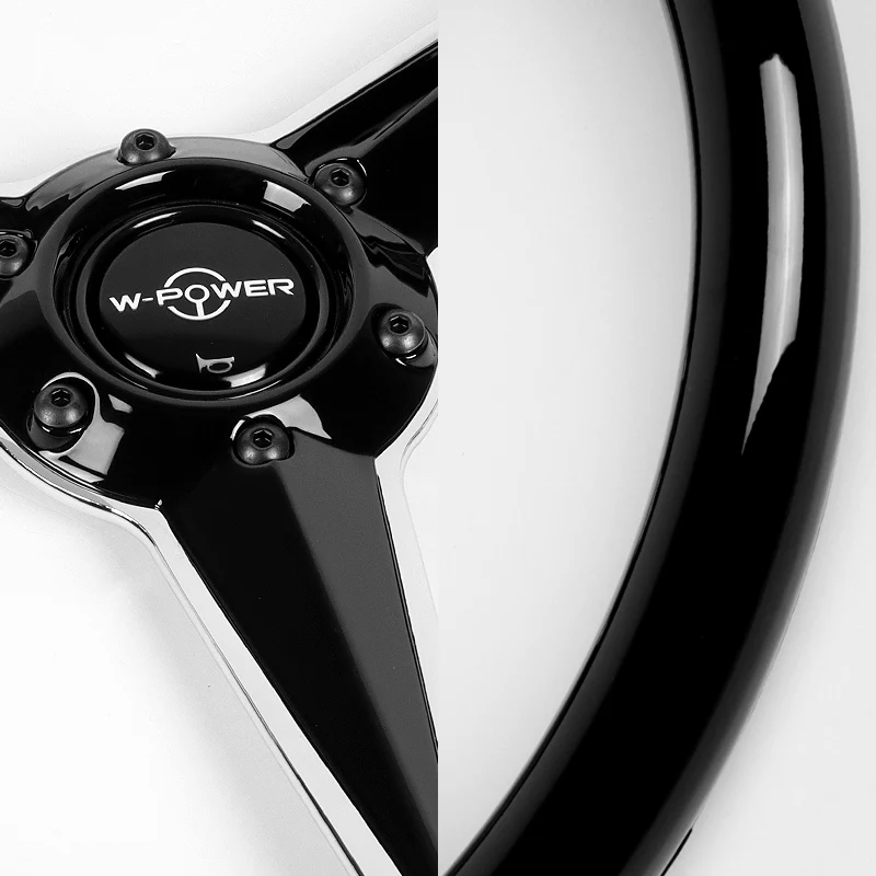 W-Power 14" 350mm 6-Bolt Hole Vintage Style Black Wood Grip With Aluminum Finished 3-Spoke Steering Wheel - Image 3