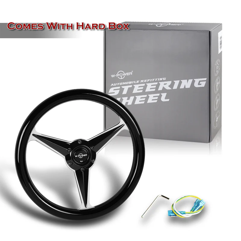 W-Power 14" 350mm 6-Bolt Hole Vintage Style Black Wood Grip With Aluminum Finished 3-Spoke Steering Wheel - Image 5