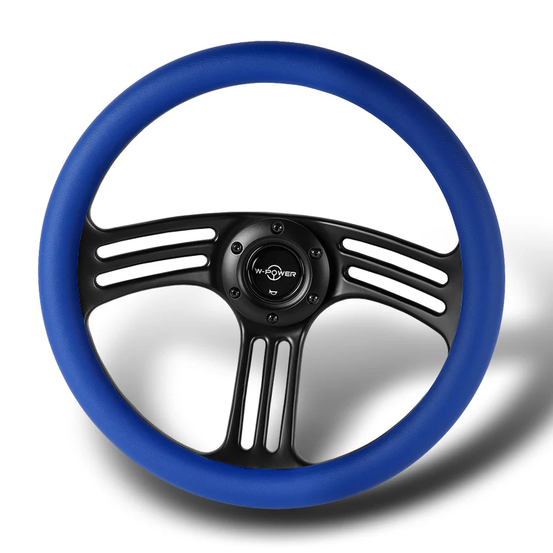 W-Power 14" 350mm 6-Bolt Hole Vintage Style Blue Leather Grip With Aluminum Finished 3-Spoke 3 Inches Deep Dish Steering Wheel -Black Center Spoke - Image 4