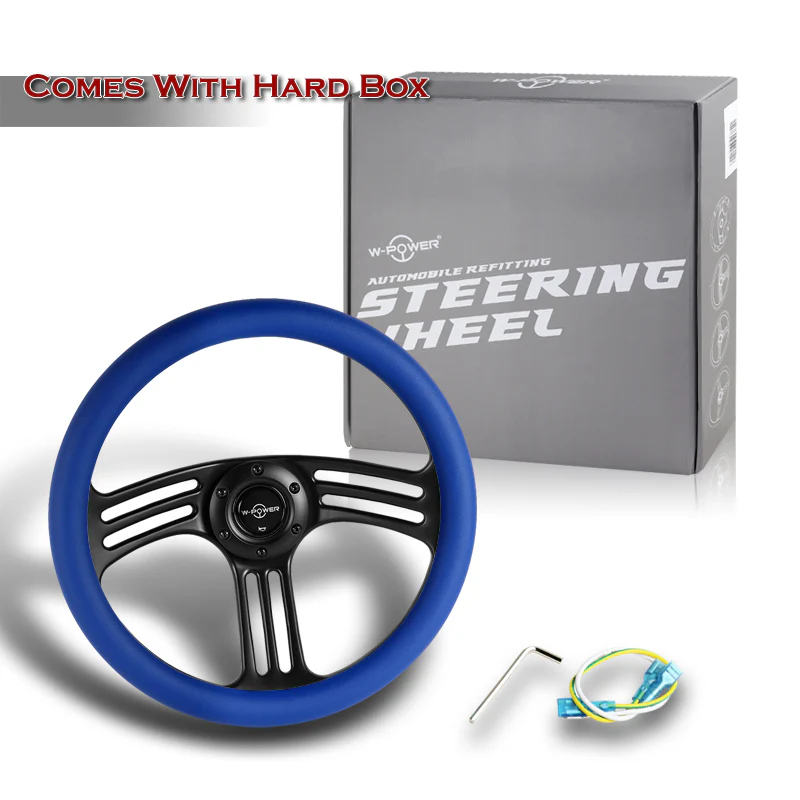 W-Power 14" 350mm 6-Bolt Hole Vintage Style Blue Leather Grip With Aluminum Finished 3-Spoke 3 Inches Deep Dish Steering Wheel -Black Center Spoke - Image 6